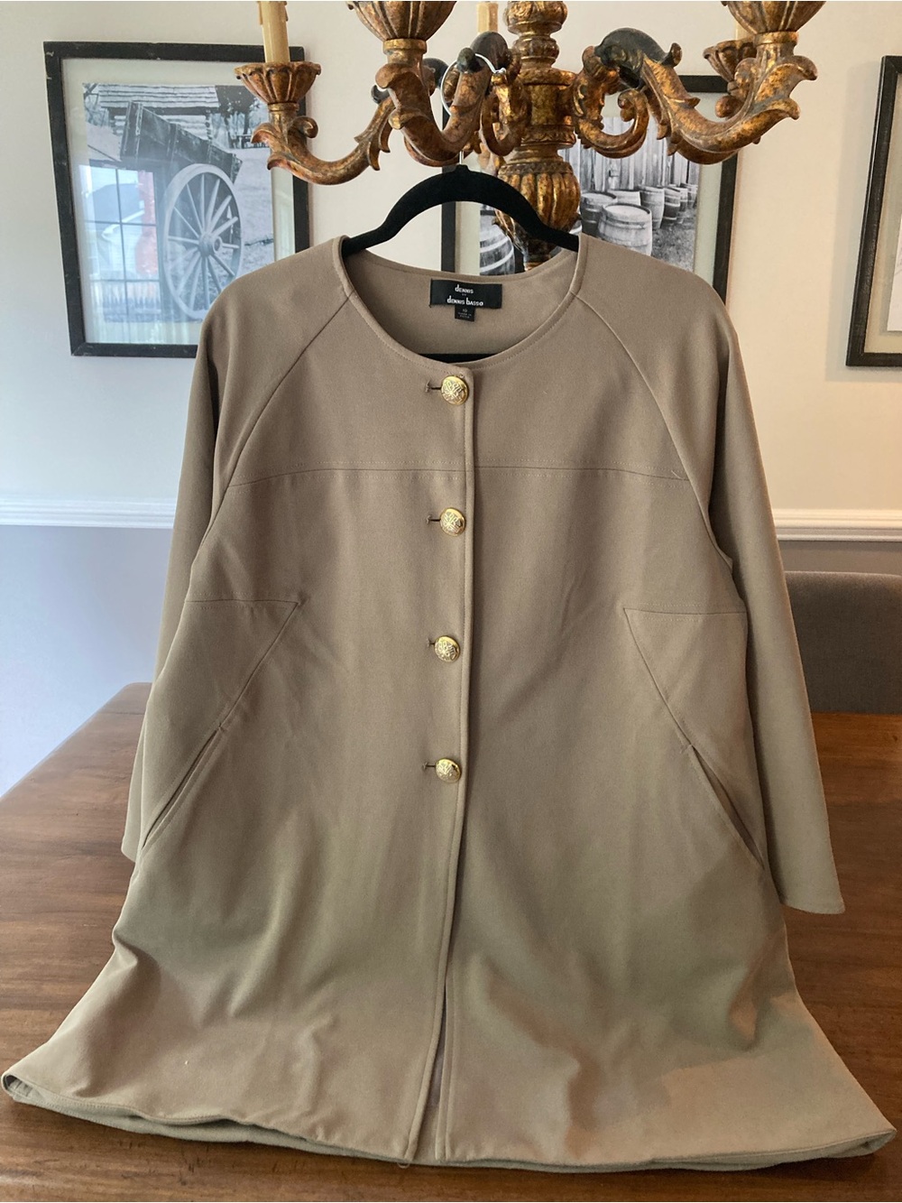 dennis basso Taupe swing Coat with Gold Buttons
